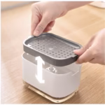 Dozator Flippy, Dispenser 2 in 1 pentru Detergent Lichid de Vase sau pentru Obiecte Sanitare cu Suport pentru Burete de Bucatarie , 8.6 x 14.5 x 10 cm, capacitate 300 ml, alb - imagine 4
