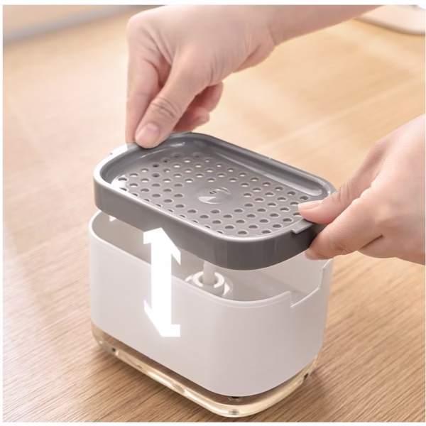 Dozator Flippy, Dispenser 2 in 1 pentru Detergent Lichid de Vase sau pentru Obiecte Sanitare cu Suport pentru Burete de Bucatarie , 8.6 x 14.5 x 10 cm, capacitate 300 ml, alb - imagine 4