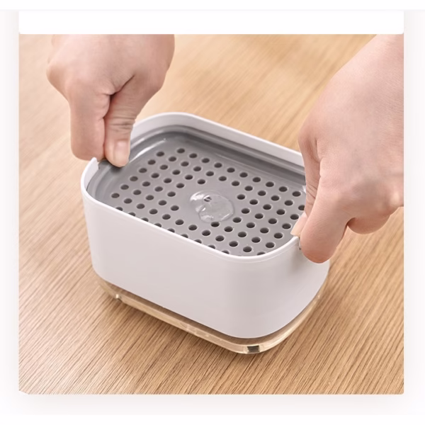 Dozator Flippy, Dispenser 2 in 1 pentru Detergent Lichid de Vase sau pentru Obiecte Sanitare cu Suport pentru Burete de Bucatarie , 8.6 x 14.5 x 10 cm, capacitate 300 ml, alb - imagine 5