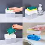 Dozator Flippy, Dispenser 2 in 1 pentru Detergent Lichid de Vase sau pentru Obiecte Sanitare cu Suport pentru Burete de Bucatarie ,14 x 10.5 x 10 cm, capacitate 380 ml, alb - imagine 2