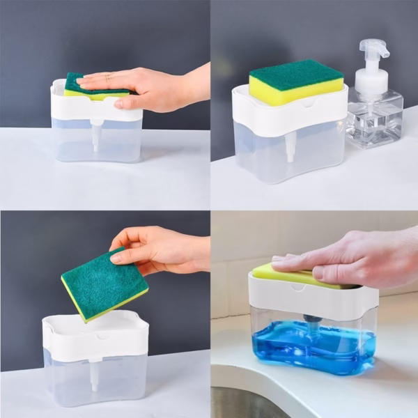 Dozator Flippy, Dispenser 2 in 1 pentru Detergent Lichid de Vase sau pentru Obiecte Sanitare cu Suport pentru Burete de Bucatarie ,14 x 10.5 x 10 cm, capacitate 380 ml, alb - imagine 2