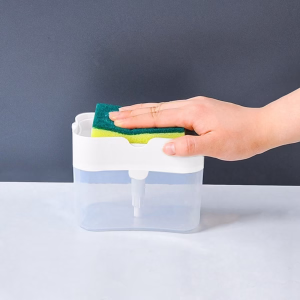 Dozator Flippy, Dispenser 2 in 1 pentru Detergent Lichid de Vase sau pentru Obiecte Sanitare cu Suport pentru Burete de Bucatarie ,14 x 10.5 x 10 cm, capacitate 380 ml, alb - imagine 3