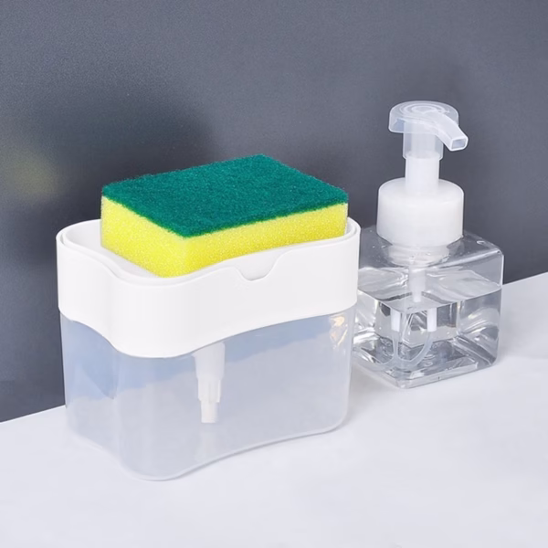 Dozator Flippy, Dispenser 2 in 1 pentru Detergent Lichid de Vase sau pentru Obiecte Sanitare cu Suport pentru Burete de Bucatarie ,14 x 10.5 x 10 cm, capacitate 380 ml, alb - imagine 4