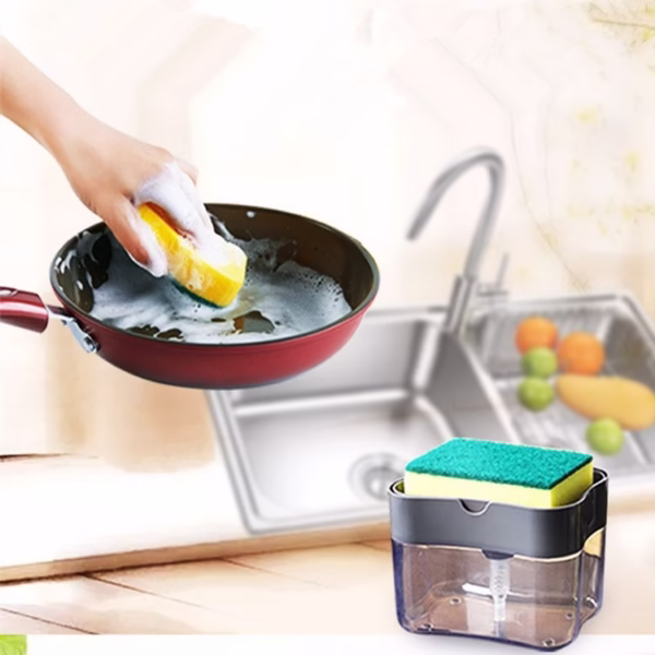 Dozator Flippy, Dispenser 2 in 1 pentru Detergent Lichid de Vase sau pentru Obiecte Sanitare cu Suport pentru Burete de Bucatarie ,14 x 10.5 x 10 cm, capacitate 380 ml, gri - imagine 4