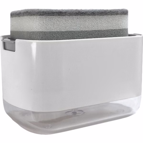 Dozator Flippy, Dispenser 2 in 1 pentru Detergent Lichid de Vase sau pentru Obiecte Sanitare cu Suport pentru Burete de Bucatarie , 8.6 x 14.5 x 10 cm, capacitate 300 ml, alb - imagine 1