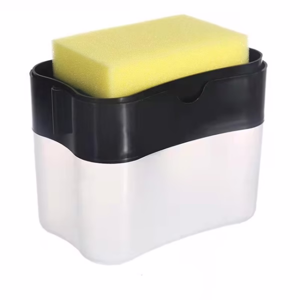 Dozator Flippy, Dispenser 2 in 1 pentru Detergent Lichid de Vase sau pentru Obiecte Sanitare cu Suport pentru Burete de Bucatarie ,14 x 10.5 x 10 cm, capacitate 380 ml, negru - imagine 1