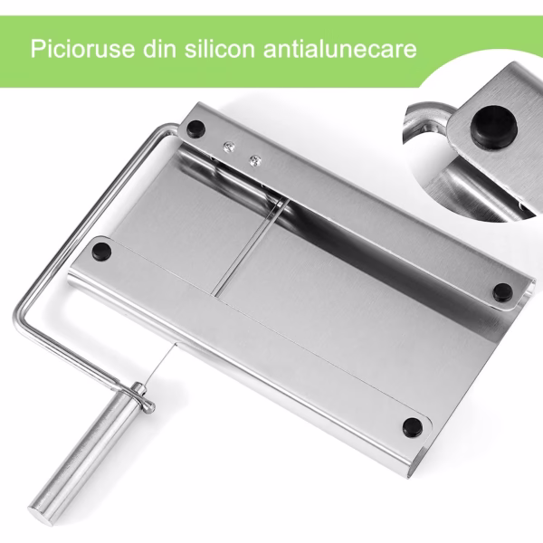 Feliator manual Flippy, pentru cascaval, salam, prajituri, unt, din otel inoxidabil, usor de curatat si utilizat, 5 lame de schimb incluse, picioare antiderapante, 21 x 12.2 x 2.8 cm, argintiu - imagine 3