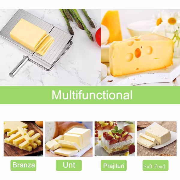 Feliator manual Flippy, pentru cascaval, salam, prajituri, unt, din otel inoxidabil, usor de curatat si utilizat, 5 lame de schimb incluse, picioare antiderapante, 21 x 12.2 x 2.8 cm, argintiu - imagine 6