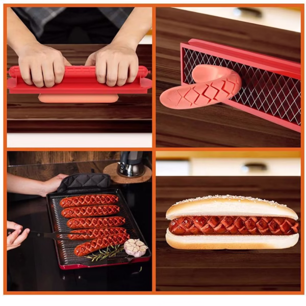 Feliator manual pentru hot-dog Flippy, crestare carnati si hot-dog, manual, potrivit pentru gratar, 29.5 x 6.5 cm, din inox si ABS, rosu - imagine 3
