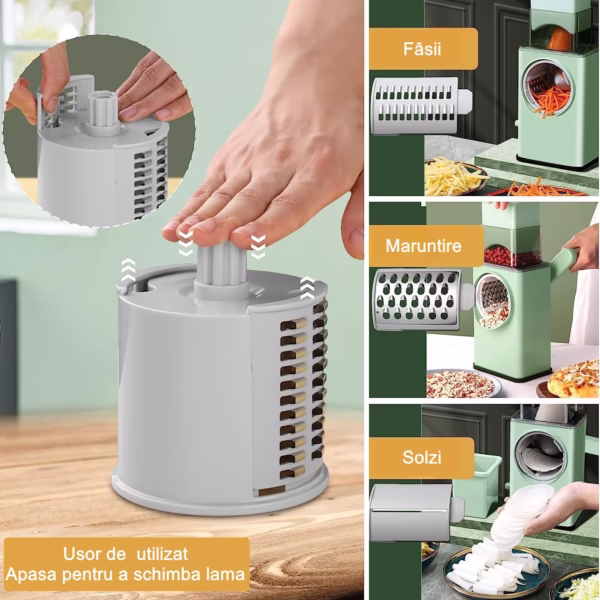Feliator manual pentru legume Flippy, 3 lame din otel inxodabil, 3 tipuri de feliere, material carcasa ABS, latime maxima feliere 4 mm, baza de tip ventuza, usor si sigur de utilizat, 28.5 x 9,2 x 13.5 cm, verde - imagine 3