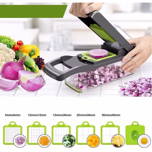 Feliator Multifunctional, Flippy, Razatoare, 8 in 1, pentru Fructe si Legume, 10 Piese, Lame de Inox, Recipient Stocare, Separator Oua, Protectie Mana, ABS, 32.2x11.3 cm, Verde/Gri - imagine 2