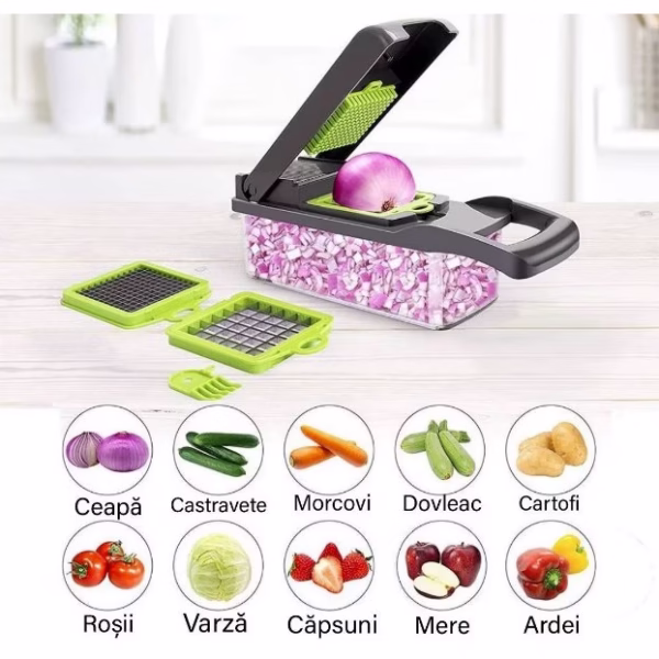 Feliator Multifunctional, Flippy, Razatoare, 8 in 1, pentru Fructe si Legume, 10 Piese, Lame de Inox, Recipient Stocare, Separator Oua, Protectie Mana, ABS, 32.2x11.3 cm, Verde/Gri - imagine 3