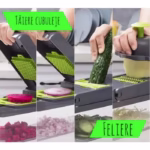 Feliator Multifunctional, Flippy, Razatoare, 8 in 1, pentru Fructe si Legume, 10 Piese, Lame de Inox, Recipient Stocare, Separator Oua, Protectie Mana, ABS, 32.2x11.3 cm, Verde/Gri - imagine 4