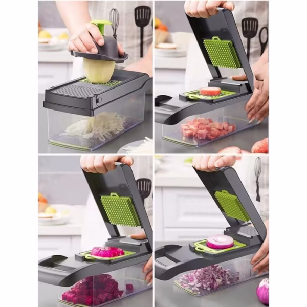 Feliator Multifunctional, Flippy, Razatoare, 8 in 1, pentru Fructe si Legume, 10 Piese, Lame de Inox, Recipient Stocare, Separator Oua, Protectie Mana, ABS, 32.2x11.3 cm, Verde/Gri - imagine 5