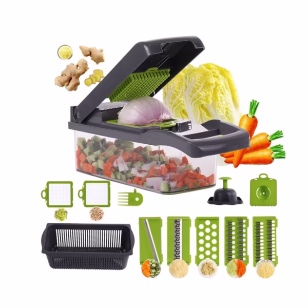 Feliator Multifunctional, Flippy, Razatoare, 8 in 1, pentru Fructe si Legume, 10 Piese, Lame de Inox, Recipient Stocare, Separator Oua, Protectie Mana, ABS, 32.2x11.3 cm, Verde/Gri - imagine 6