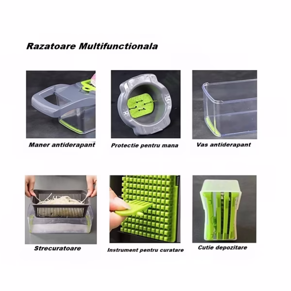 Feliator Multifunctional, Flippy, Razatoare, 8 in 1, pentru Fructe si Legume, 10 Piese, Lame de Inox, Recipient Stocare, Separator Oua, Protectie Mana, ABS, 32.2x11.3 cm, Verde/Gri - imagine 7