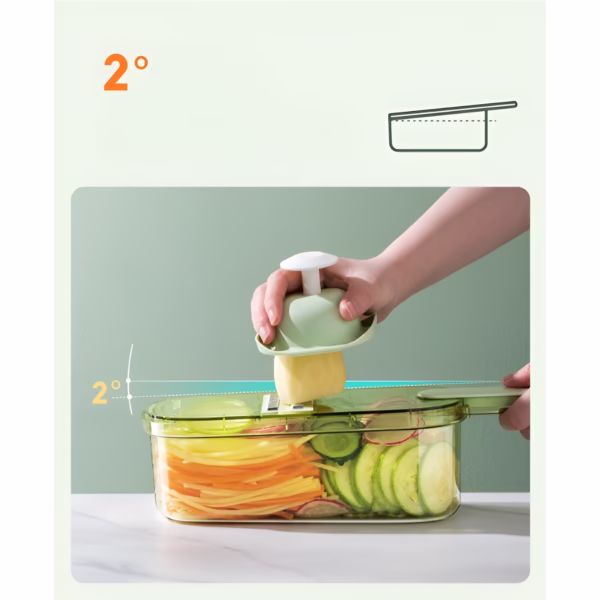 Feliator Multifunctional, Flippy, 3 in 1, pentru Fructe si Legume, 6 Piese, Maner, Lame de Inox, Recipient Stocare, Protectie Mana, ABS, 35x12x9.4 cm, Verde - imagine 5