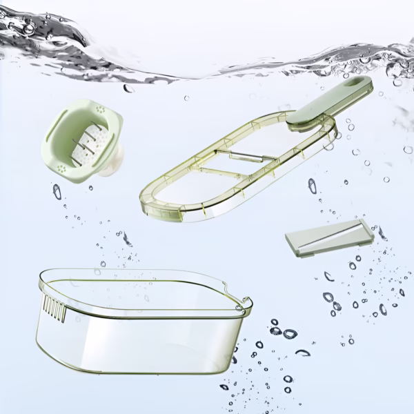 Feliator Multifunctional, Flippy, 3 in 1, pentru Fructe si Legume, 6 Piese, Maner, Lame de Inox, Recipient Stocare, Protectie Mana, ABS, 35x12x9.4 cm, Verde - imagine 8