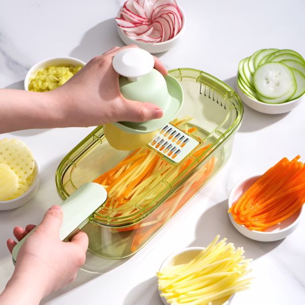 Feliator Multifunctional, Flippy, 3 in 1, pentru Fructe si Legume, 6 Piese, Maner, Lame de Inox, Recipient Stocare, Protectie Mana, ABS, 35x12x9.4 cm, Verde - imagine 9