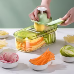 Feliator Multifunctional, Flippy, 3 in 1, pentru Fructe si Legume, 6 Piese, Maner, Lame de Inox, Recipient Stocare, Protectie Mana, ABS, 35x12x9.4 cm, Verde - imagine 10