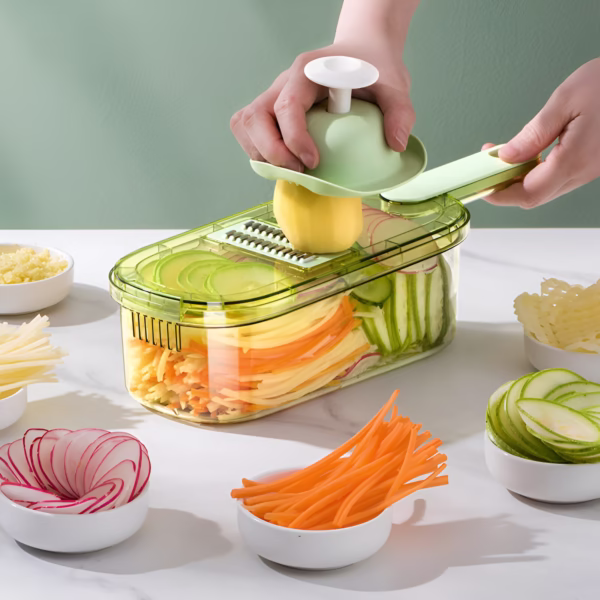 Feliator Multifunctional, Flippy, 3 in 1, pentru Fructe si Legume, 6 Piese, Maner, Lame de Inox, Recipient Stocare, Protectie Mana, ABS, 35x12x9.4 cm, Verde - imagine 10