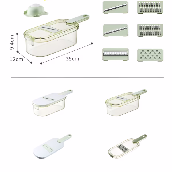 Feliator Multifunctional, Flippy, 6 in 1, pentru Fructe si Legume, 9 Piese, Maner, Lame de Inox, Recipient Stocare, Protectie Mana, ABS, 35x12x9.4 cm, Verde - imagine 3