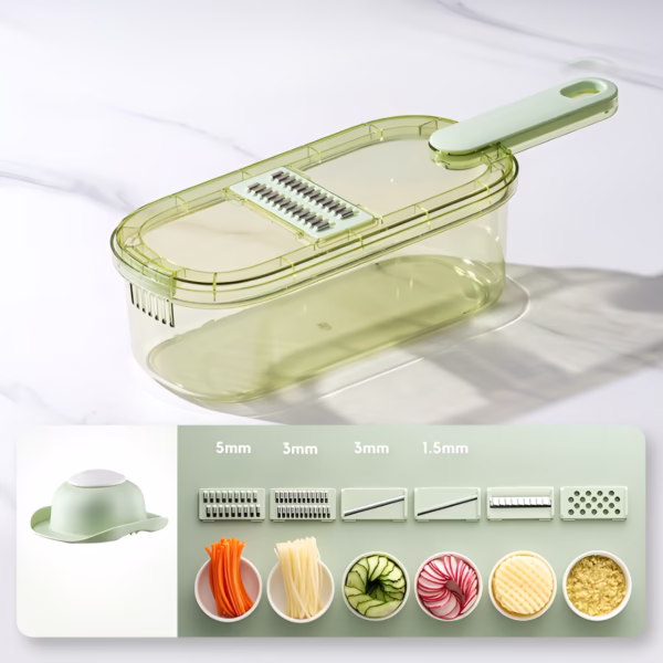 Feliator Multifunctional, Flippy, 6 in 1, pentru Fructe si Legume, 9 Piese, Maner, Lame de Inox, Recipient Stocare, Protectie Mana, ABS, 35x12x9.4 cm, Verde - imagine 8