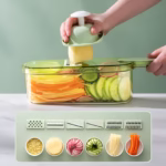 Feliator Multifunctional, Flippy, 6 in 1, pentru Fructe si Legume, 9 Piese, Maner, Lame de Inox, Recipient Stocare, Protectie Mana, ABS, 35x12x9.4 cm, Verde - imagine 11