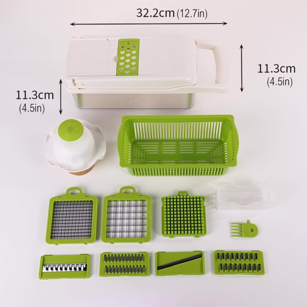 Feliator Multifunctional, Flippy, Razatoare, 8 in 1, pentru Fructe si Legume, 10 Piese, Lame de Inox, Recipient Stocare, Separator Oua, Protectie Mana, ABS, 67.5x38.5x49.5 cm, Verde/Alb - imagine 3