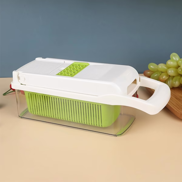 Feliator Multifunctional, Flippy, Razatoare, 8 in 1, pentru Fructe si Legume, 10 Piese, Lame de Inox, Recipient Stocare, Separator Oua, Protectie Mana, ABS, 67.5x38.5x49.5 cm, Verde/Alb - imagine 4