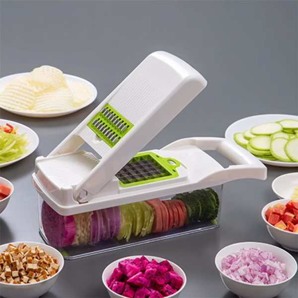 Feliator Multifunctional, Flippy, Razatoare, 8 in 1, pentru Fructe si Legume, 10 Piese, Lame de Inox, Recipient Stocare, Separator Oua, Protectie Mana, ABS, 67.5x38.5x49.5 cm, Verde/Alb - imagine 5