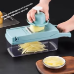 Feliator Multifunctional, Flippy, Razatoare, 8 in 1, pentru Fructe si Legume, 10 Piese, Lame de Inox, Recipient Stocare, Separator Oua, Protectie Mana, ABS, 32.2x11.3 cm, Albastru/Alb - imagine 2