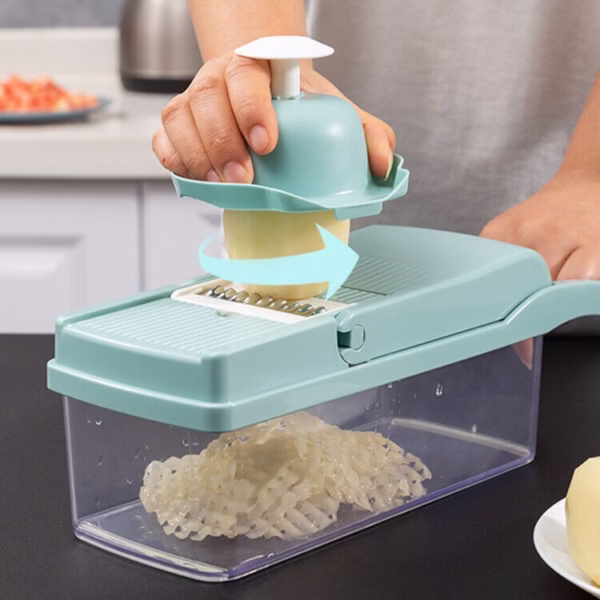 Feliator Multifunctional, Flippy, Razatoare, 8 in 1, pentru Fructe si Legume, 10 Piese, Lame de Inox, Recipient Stocare, Separator Oua, Protectie Mana, ABS, 32.2x11.3 cm, Albastru/Alb - imagine 5