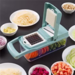 Feliator Multifunctional, Flippy, Razatoare, 8 in 1, pentru Fructe si Legume, 10 Piese, Lame de Inox, Recipient Stocare, Separator Oua, Protectie Mana, ABS, 32.2x11.3 cm, Albastru/Alb - imagine 7