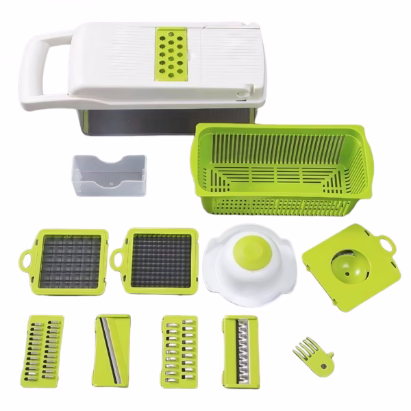 Feliator Multifunctional, Flippy, Razatoare, 8 in 1, pentru Fructe si Legume, 10 Piese, Lame de Inox, Recipient Stocare, Separator Oua, Protectie Mana, ABS, 67.5x38.5x49.5 cm, Verde/Alb - imagine 1