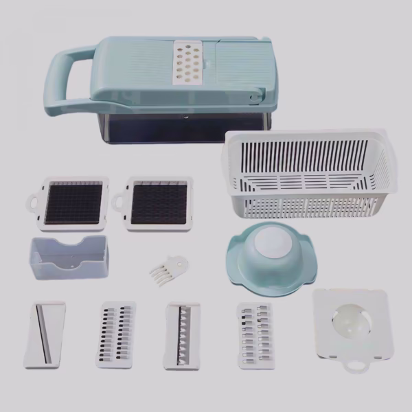 Feliator Multifunctional, Flippy, Razatoare, 8 in 1, pentru Fructe si Legume, 10 Piese, Lame de Inox, Recipient Stocare, Separator Oua, Protectie Mana, ABS, 32.2x11.3 cm, Albastru/Alb - imagine 10