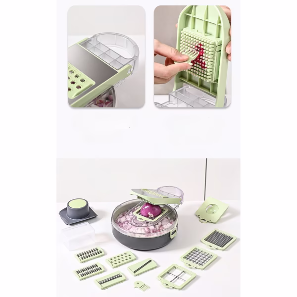 Feliator Multifunctional, Flippy, Razatoare, 8 in 1, pentru Fructe si Legume, 12 Piese, Lame de Inox, Recipient Stocare, Separator Oua, Protectie Mana, ABS, Gri/Verde, 29.5x9x21.8 cm - imagine 2