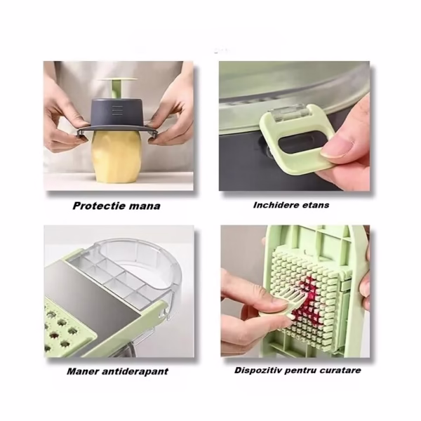 Feliator Multifunctional, Flippy, Razatoare, 8 in 1, pentru Fructe si Legume, 12 Piese, Lame de Inox, Recipient Stocare, Separator Oua, Protectie Mana, ABS, Gri/Verde, 29.5x9x21.8 cm - imagine 4