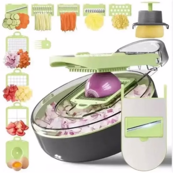 Feliator Multifunctional, Flippy, Razatoare, 8 in 1, pentru Fructe si Legume, 12 Piese, Lame de Inox, Recipient Stocare, Separator Oua, Protectie Mana, ABS, Gri/Verde, 29.5x9x21.8 cm - imagine 5