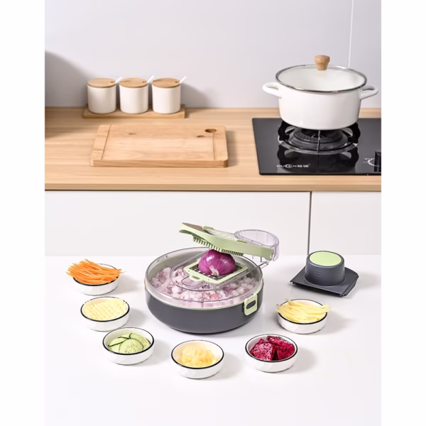 Feliator Multifunctional, Flippy, Razatoare, 8 in 1, pentru Fructe si Legume, 12 Piese, Lame de Inox, Recipient Stocare, Separator Oua, Protectie Mana, ABS, Gri/Verde, 29.5x9x21.8 cm - imagine 6