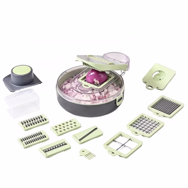 Feliator Multifunctional, Flippy, Razatoare, 8 in 1, pentru Fructe si Legume, 12 Piese, Lame de Inox, Recipient Stocare, Separator Oua, Protectie Mana, ABS, Gri/Verde, 29.5x9x21.8 cm - imagine 1