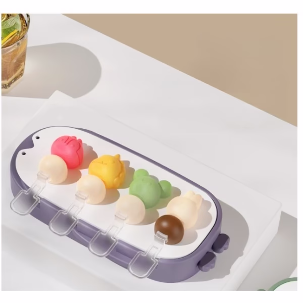Forma pentru inghetata Flippy, 4 compartimente, forme cu animalute, materialsilicon si ABS, 21 x 12.8 x 3cm, mov - imagine 3