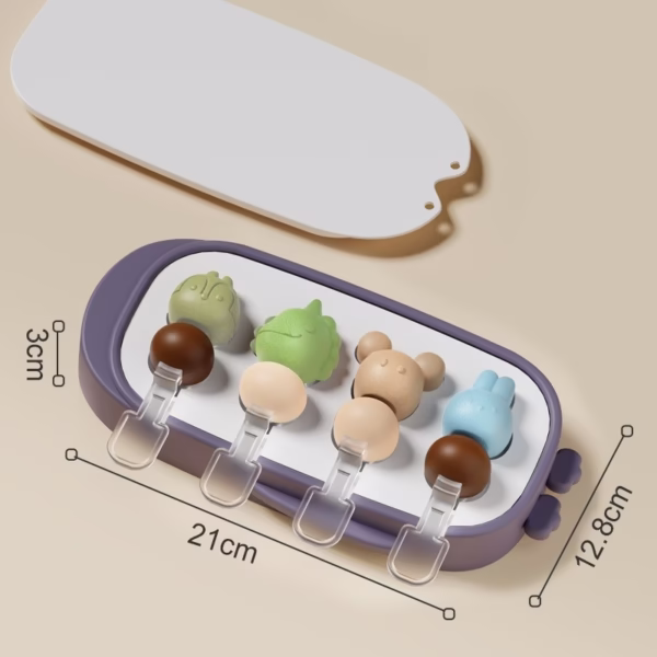 Forma pentru inghetata Flippy, 4 compartimente, forme cu animalute, materialsilicon si ABS, 21 x 12.8 x 3cm, mov - imagine 6