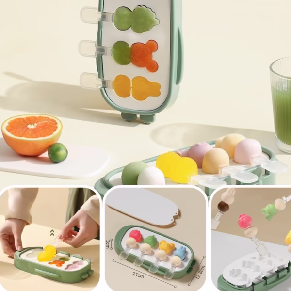 Forma pentru inghetata Flippy, 4 compartimente, forme cu animalute, materialsilicon si ABS, 21 x 12.8 x 3cm, verde - imagine 2