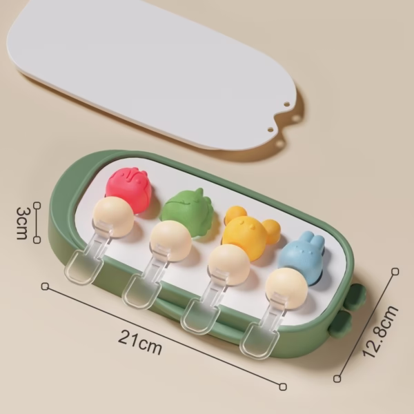 Forma pentru inghetata Flippy, 4 compartimente, forme cu animalute, materialsilicon si ABS, 21 x 12.8 x 3cm, verde - imagine 3