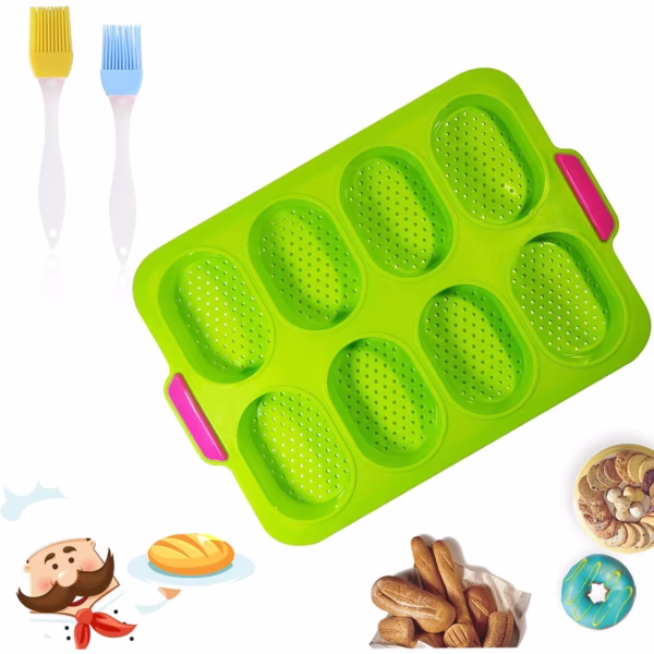 Forme de Silicon pentru Copt, Flippy, 8 Forme Ovale, pentru Paine si Prajituri, 34.5 x 23.8 x 2.5 cm, Verde/Roz - imagine 6