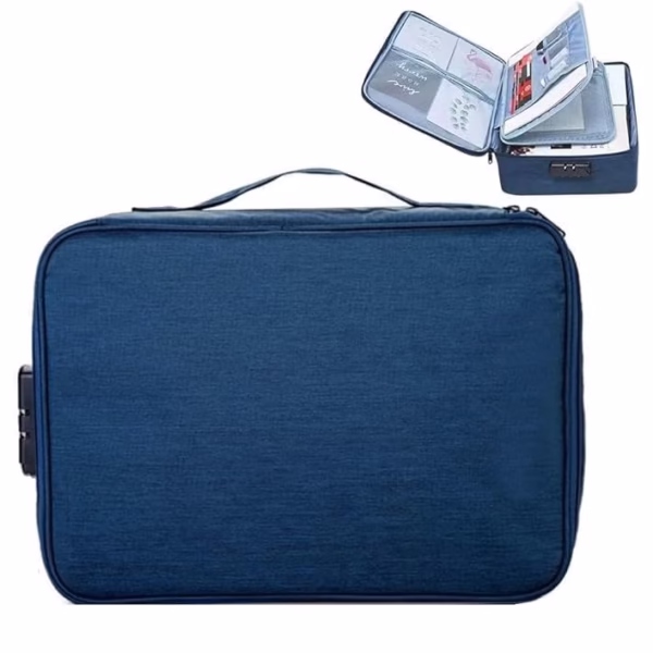 Geanta Flippy pentru Depozitare Acte si Documente, Facturi, Carduri, cu Cod de Securitate, 2 Compartimente, Impermeabila, 37 x 10.5 x 27 cm, Albastru Marin - imagine 5