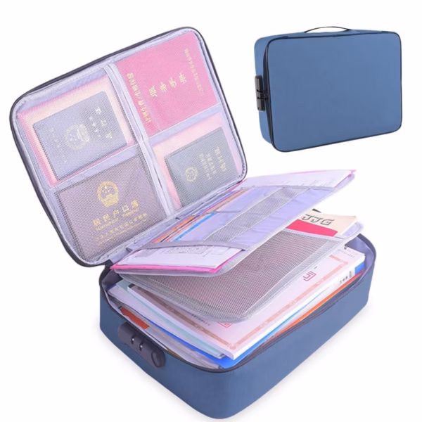 Geanta Flippy pentru Depozitare Acte si Documente, Facturi, Carduri, cu Cod de Securitate, 2 Compartimente, Impermeabila, 37 x 10.5 x 27 cm, Albastru Marin - imagine 6