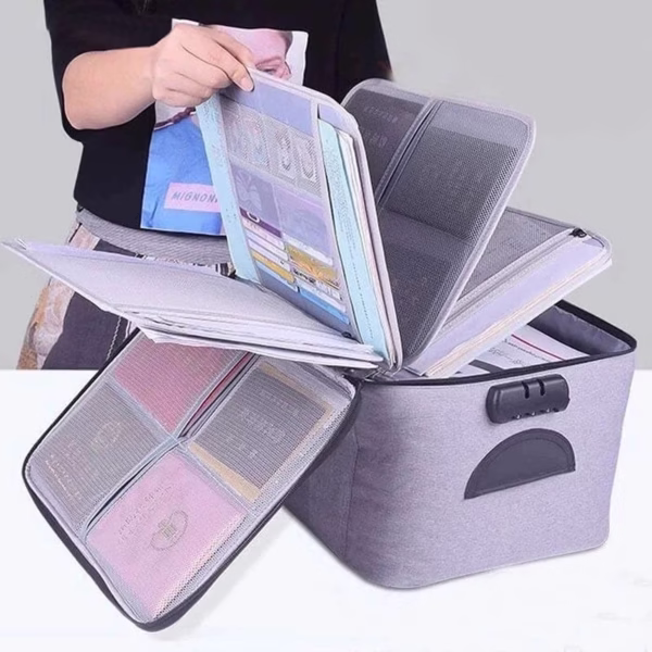 Geanta Flippy pentru Depozitare Acte si Documente, Facturi, Carduri, cu Cod de Securitate, 5 Compartimente, Impermeabila, 37 x 20 x 27 cm, Gri - imagine 8