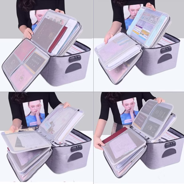 Geanta Flippy pentru Depozitare Acte si Documente, Facturi, Carduri, cu Cod de Securitate, 5 Compartimente, Impermeabila, 37 x 20 x 27 cm, Gri - imagine 10
